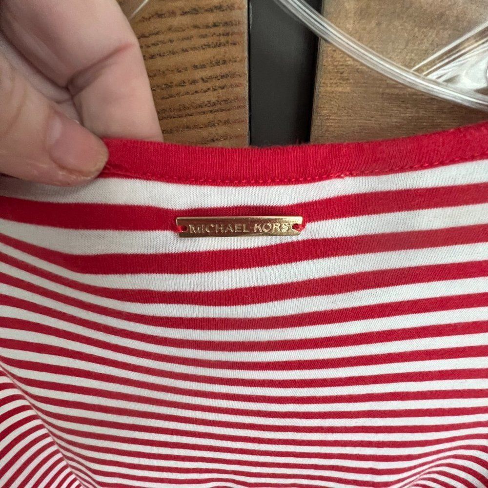 Michael Kors Red and White Striped Long Sleeve Top with Lace Up Bodice Large - Picture 5 of 7